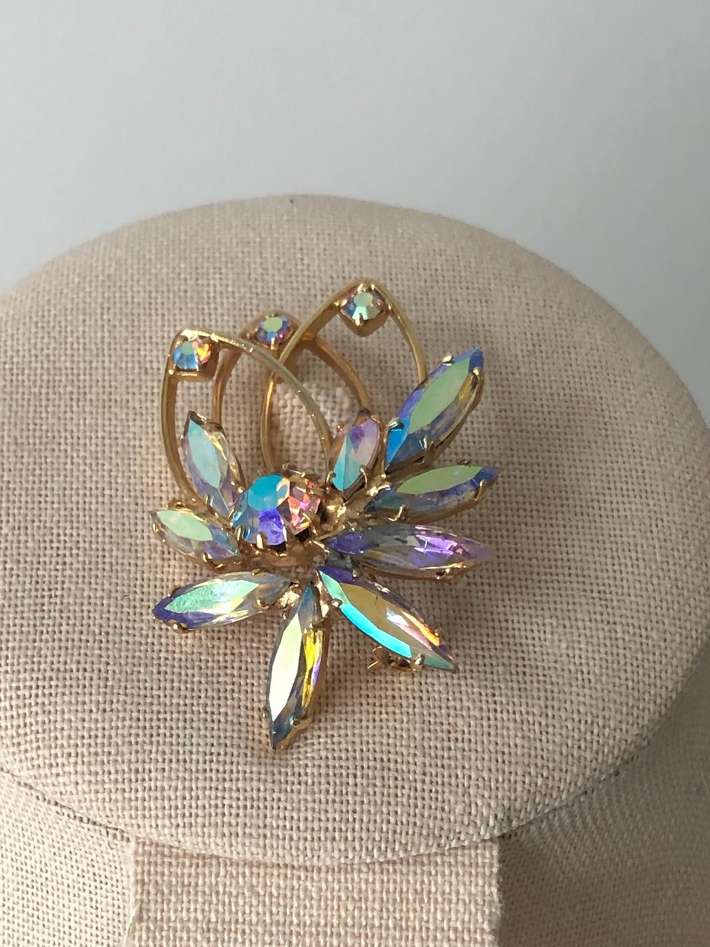 Women’s Vintage Gold-Tone Aurora Borealis AB Crystal Floral Leaf Design Brooch